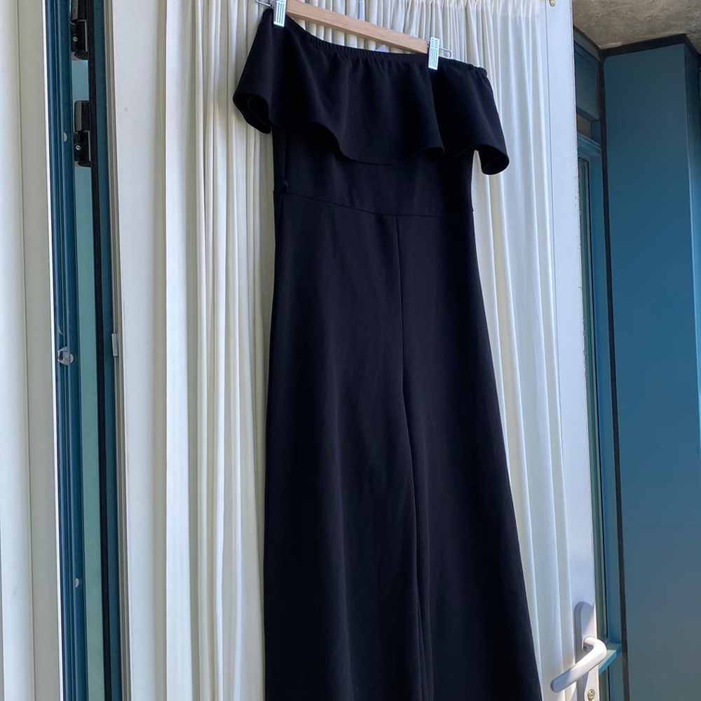 Lock & Key - large - black strapless ruffle off the shoulder jumpsuit